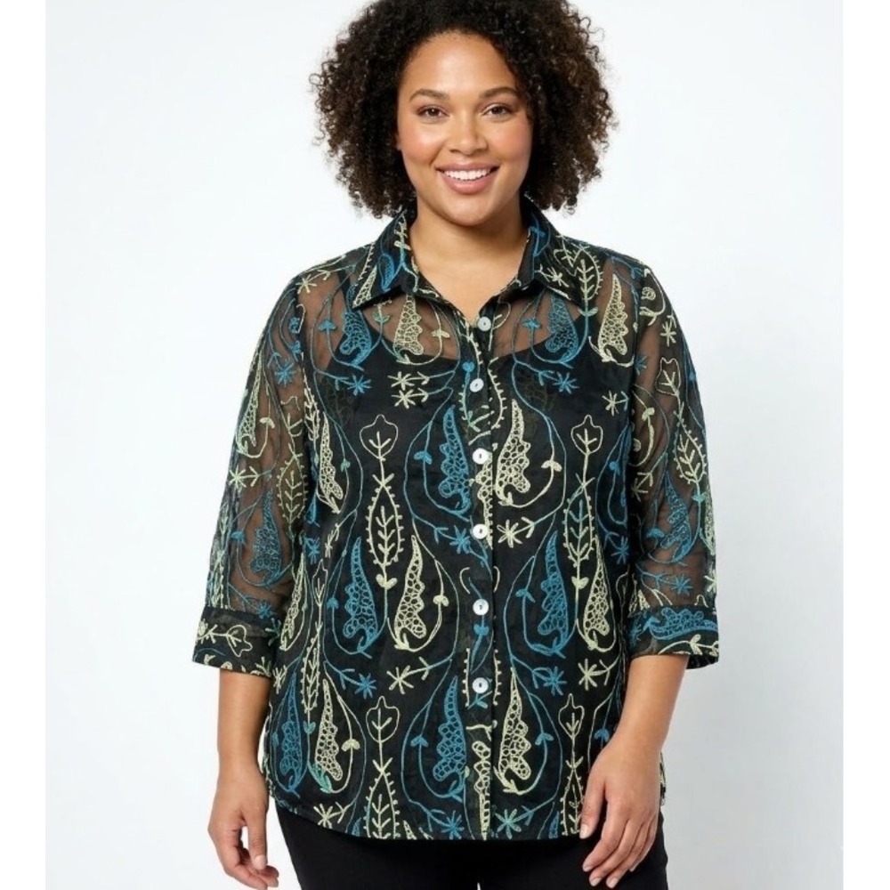 Vintage Draper's & Damon's size 1X Artsy Embroidered Pure‎ Silk Sheer Button Up